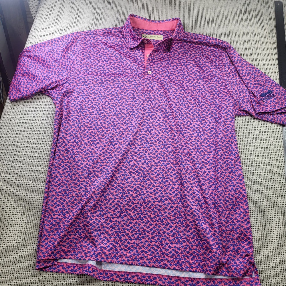 Donald Ross Polo Mens L Pink Blue Palm Tree Print Short Sleeve Golf Performance